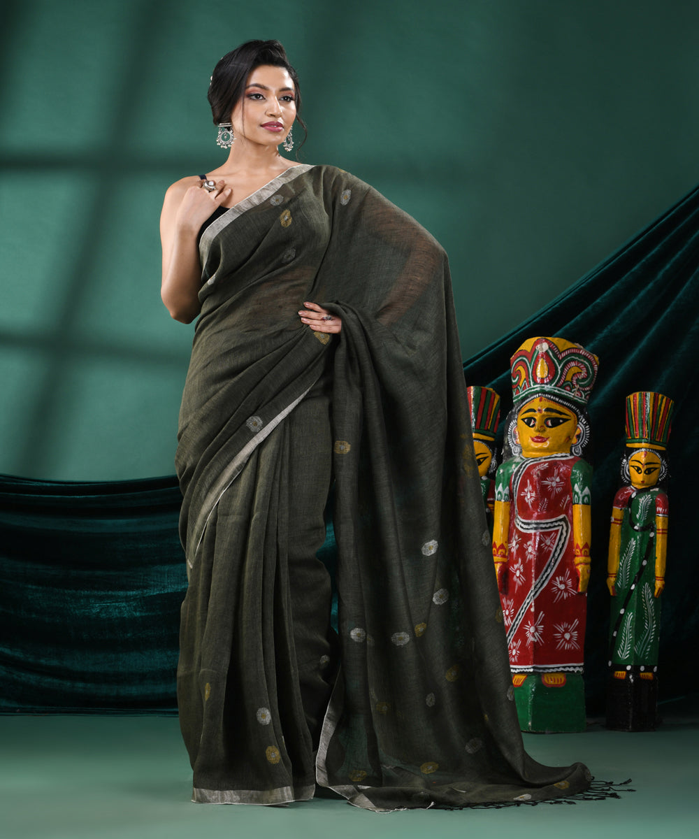 Pasta green handloom linen bengal saree