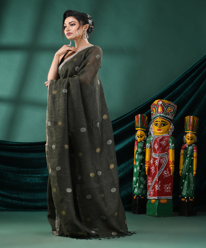 Pasta green handloom linen bengal saree