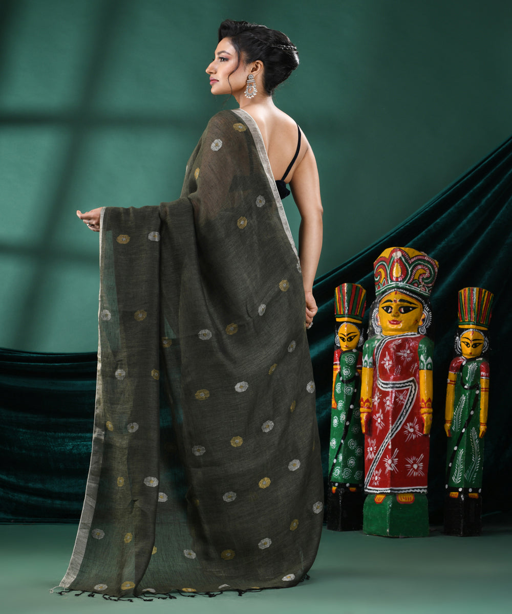 Pasta green handloom linen bengal saree