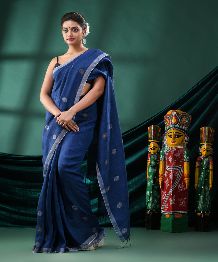 Navy blue handloom linen bengal saree