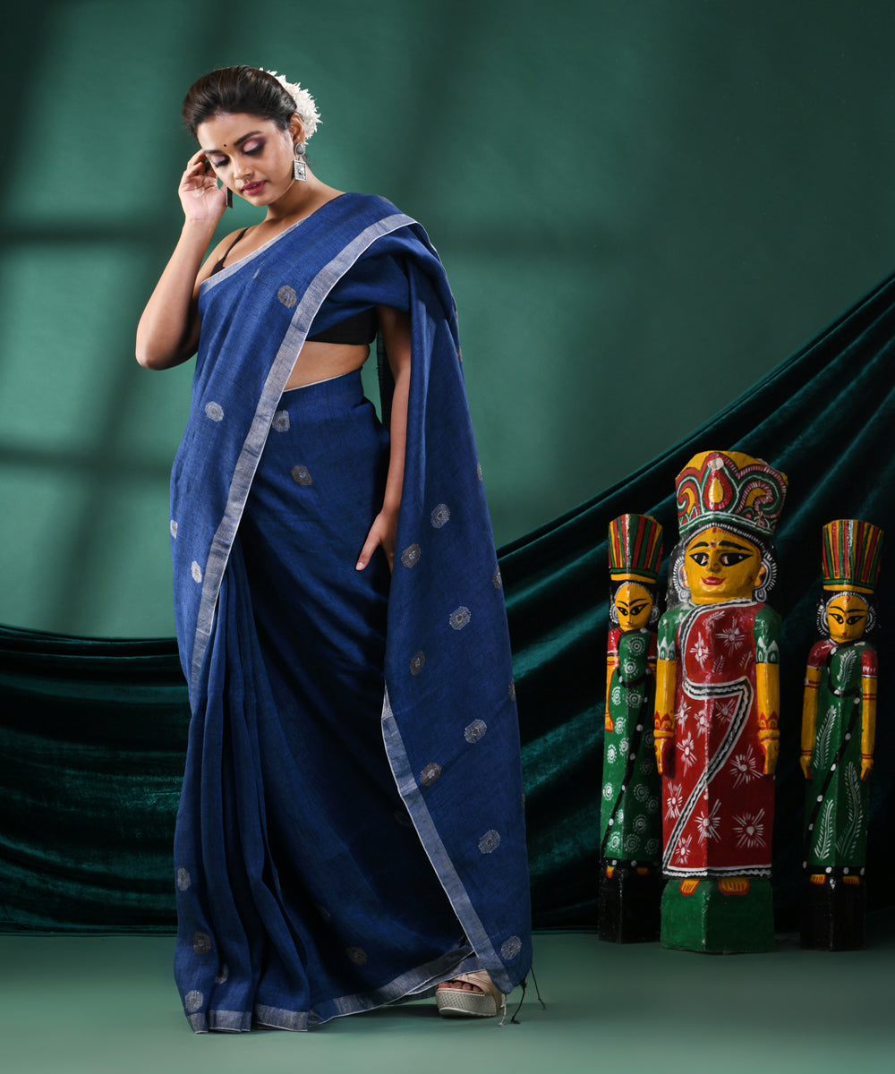 Navy blue handloom linen bengal saree