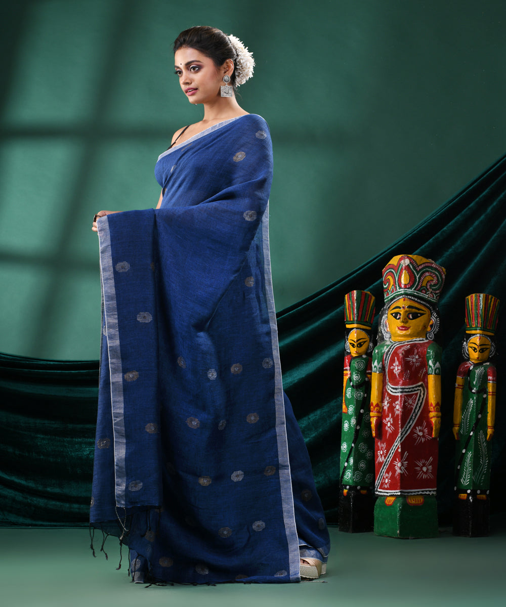 Navy blue handloom linen bengal saree