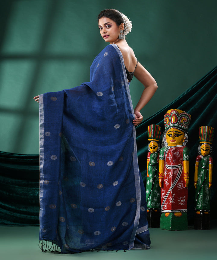 Navy blue handloom linen bengal saree