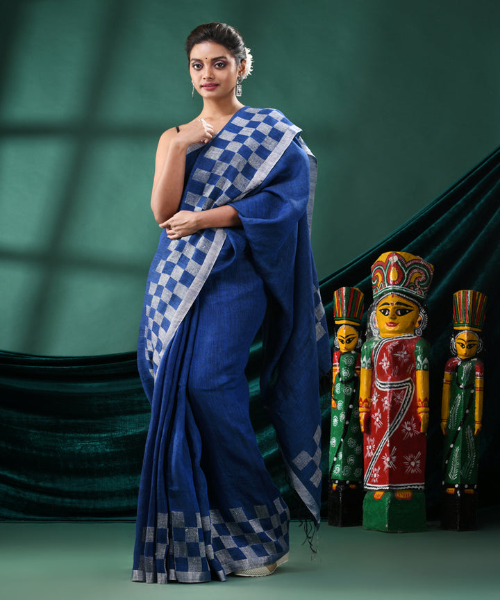Blue offwhite handloom linen bengal saree