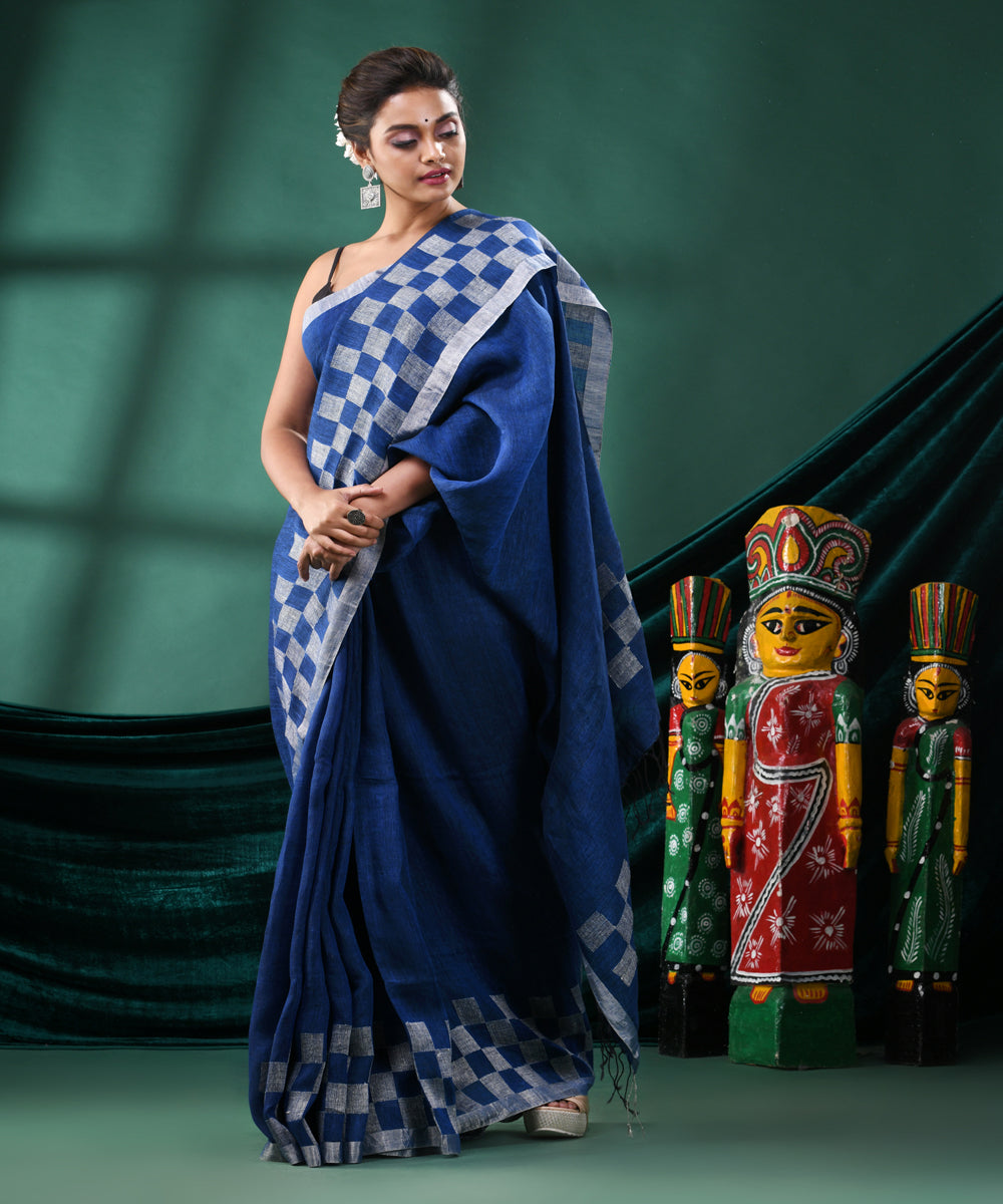 Blue offwhite handloom linen bengal saree