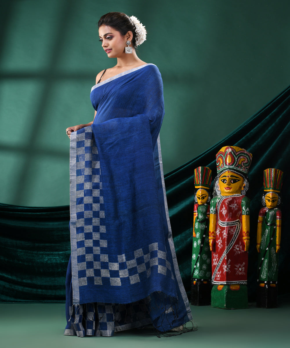 Blue offwhite handloom linen bengal saree