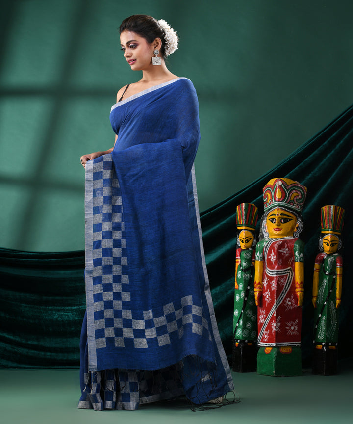 Blue offwhite handloom linen bengal saree