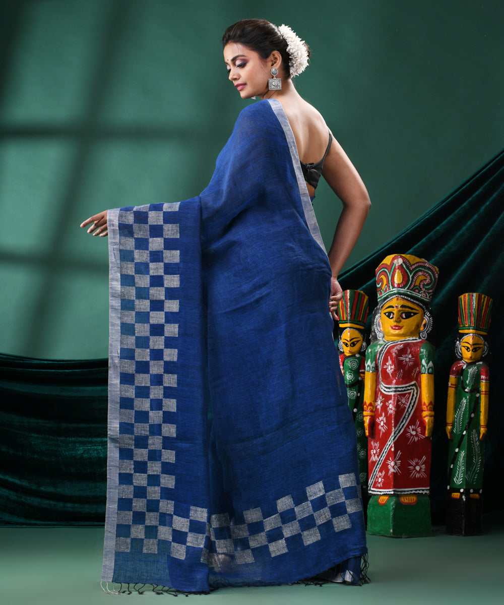 Blue offwhite handloom linen bengal saree
