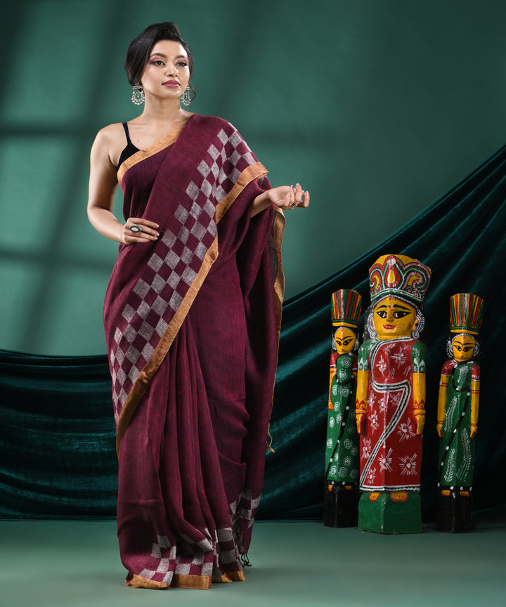 Magenta offwhite handloom linen bengal saree