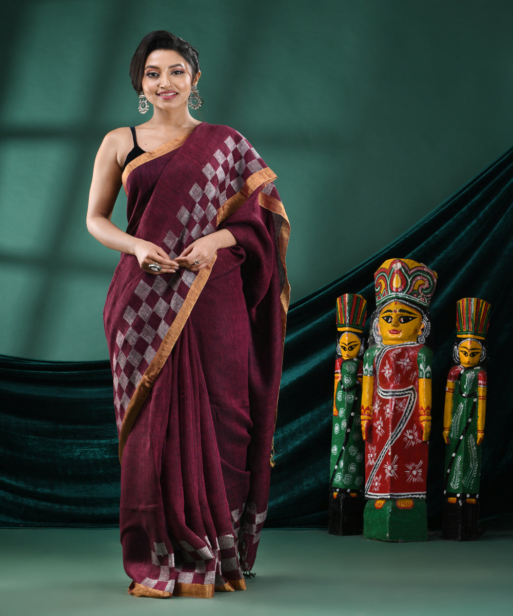 Magenta offwhite handloom linen bengal saree