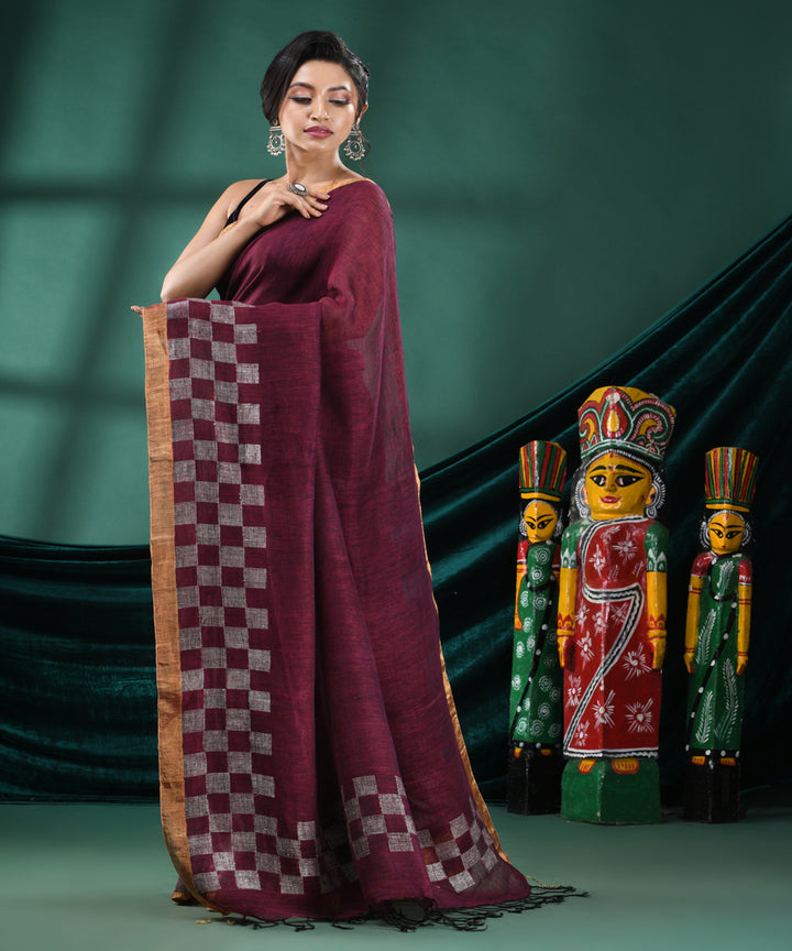 Magenta offwhite handloom linen bengal saree