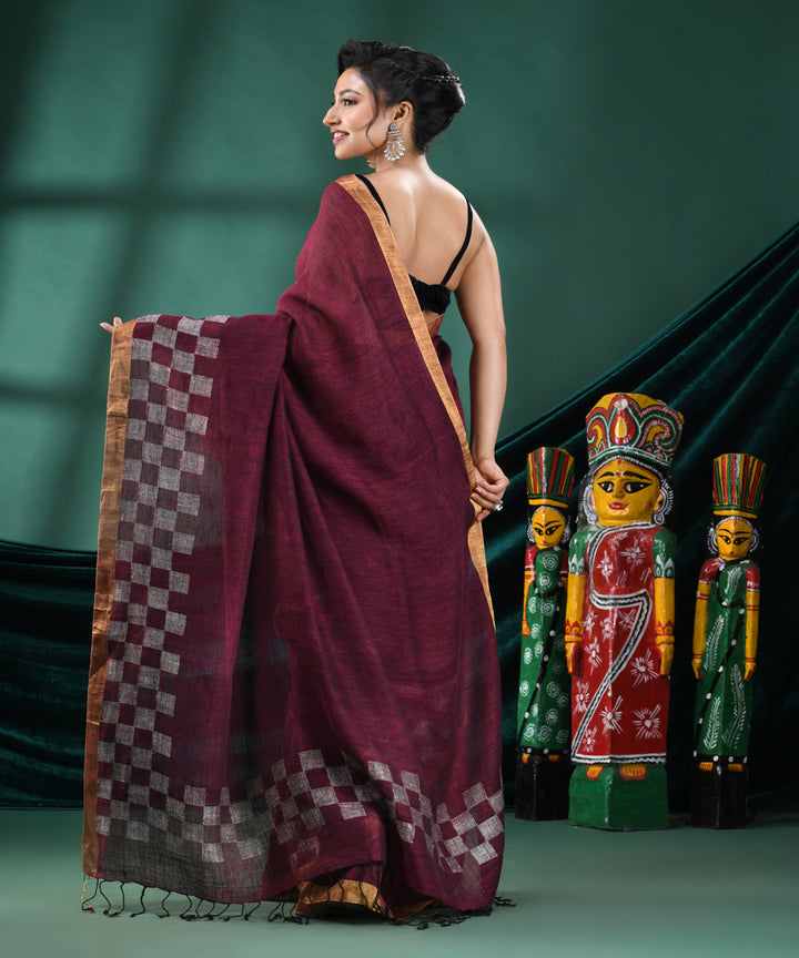 Magenta offwhite handloom linen bengal saree