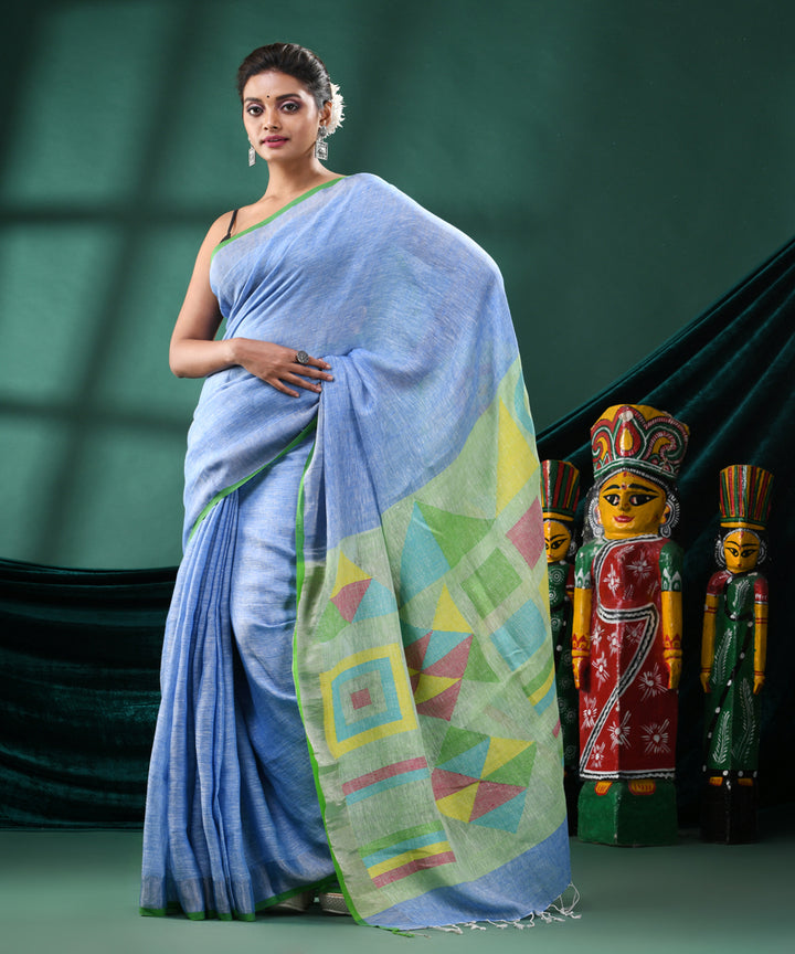 Sky blue light green handloom linen bengal saree