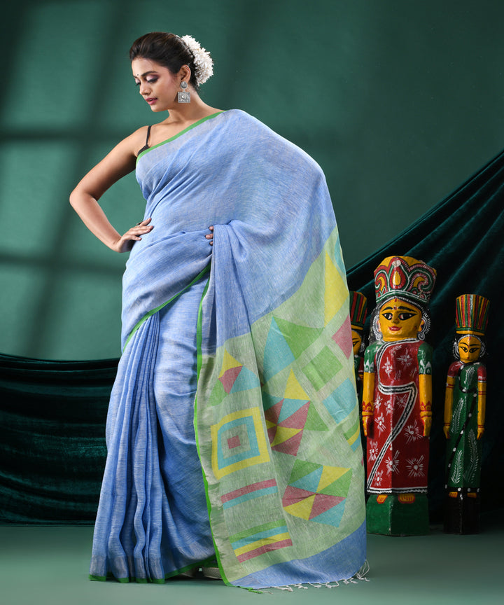 Sky blue light green handloom linen bengal saree