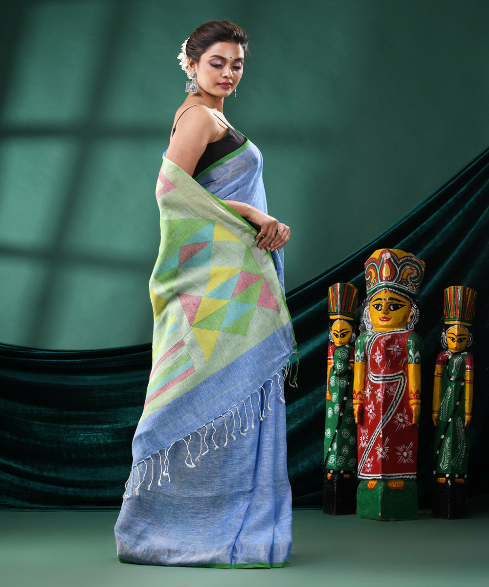 Sky blue light green handloom linen bengal saree