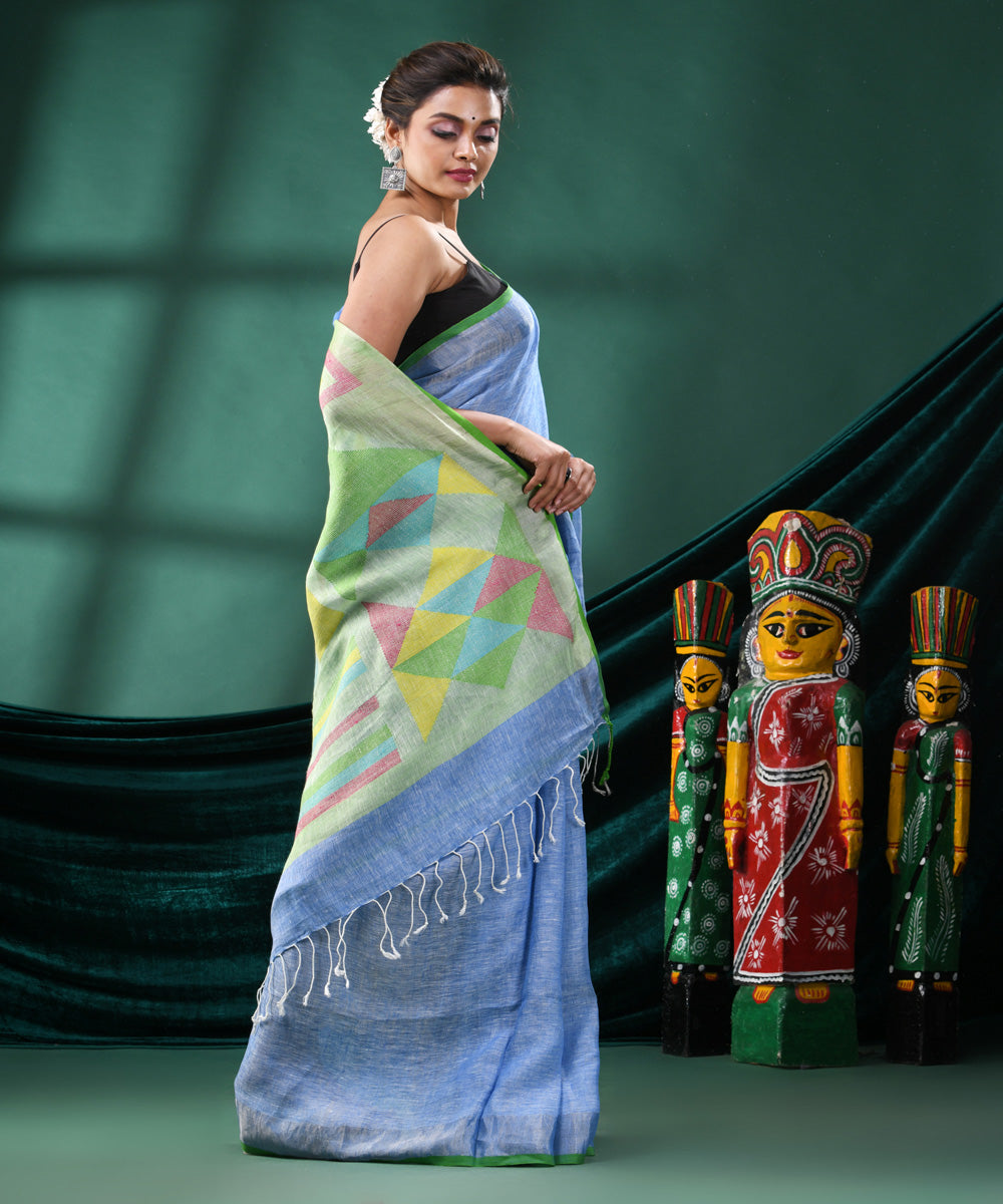 Sky blue green handloom bengal linen saree