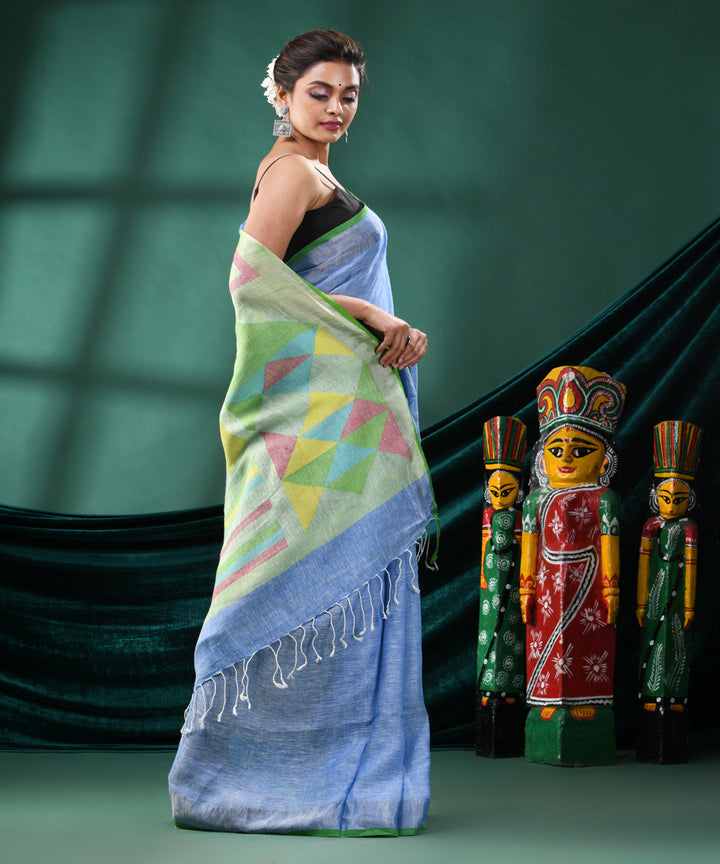 Sky blue green handloom bengal linen saree