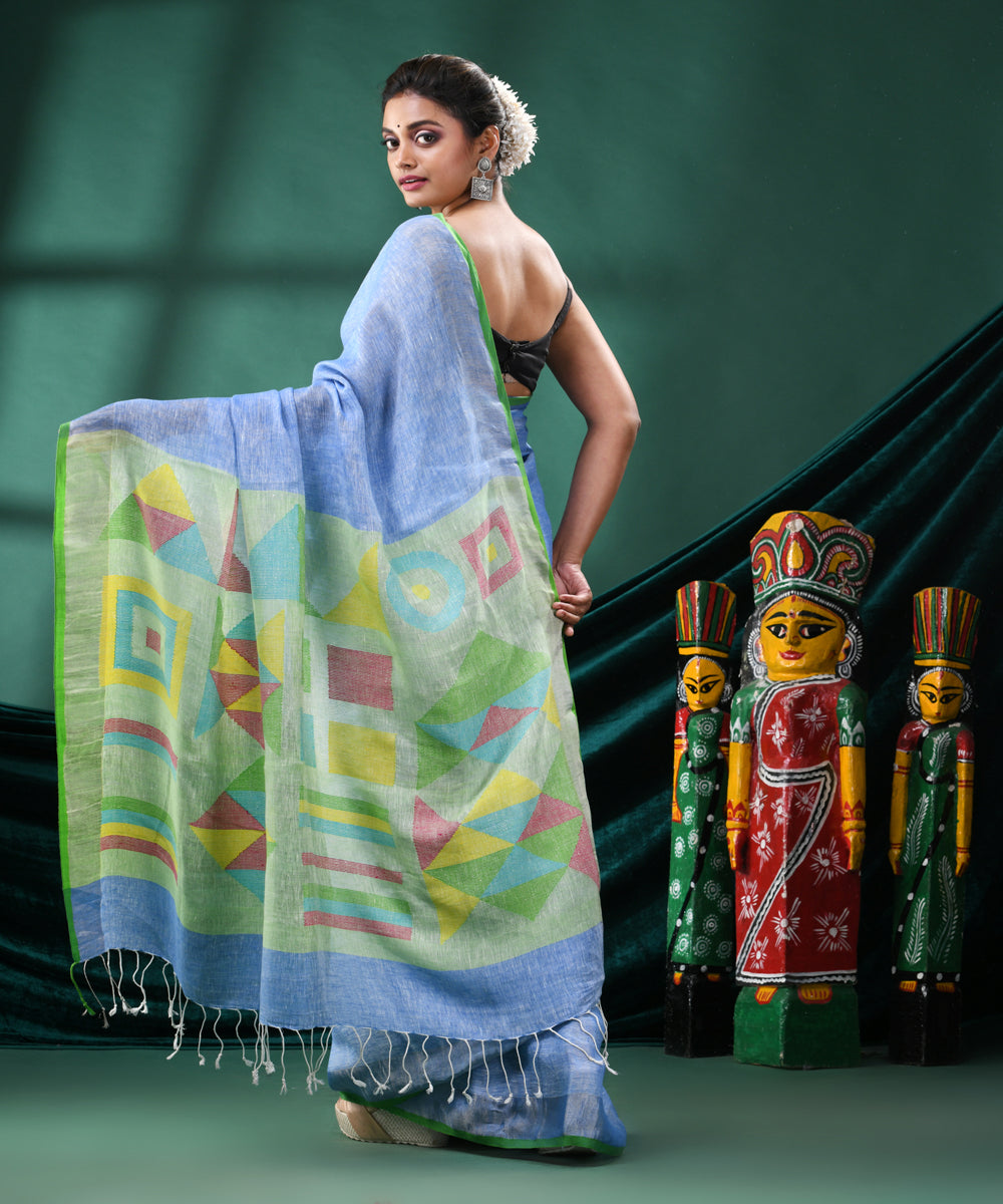 Sky blue light green handloom linen bengal saree