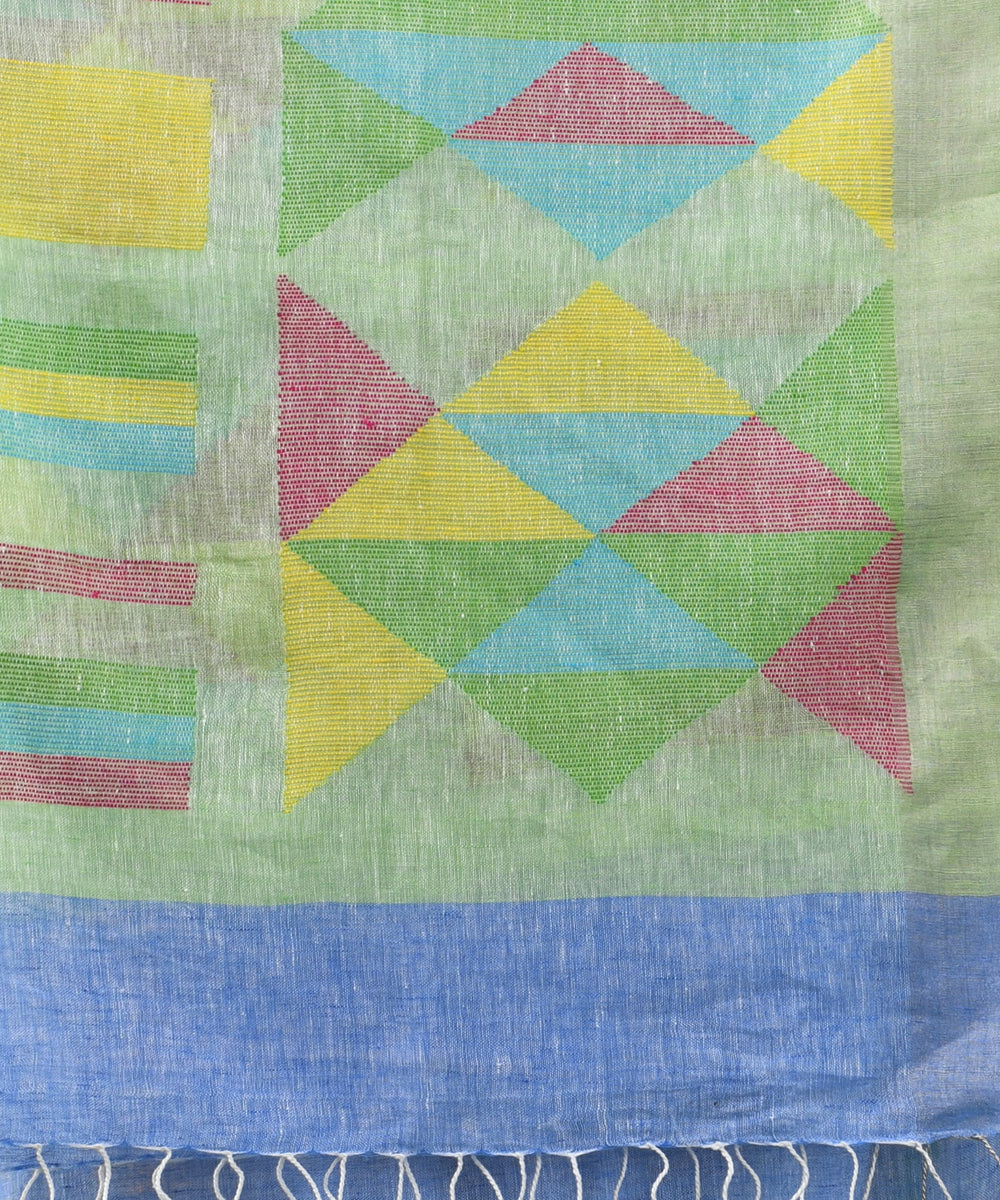 Sky blue light green handloom linen bengal saree