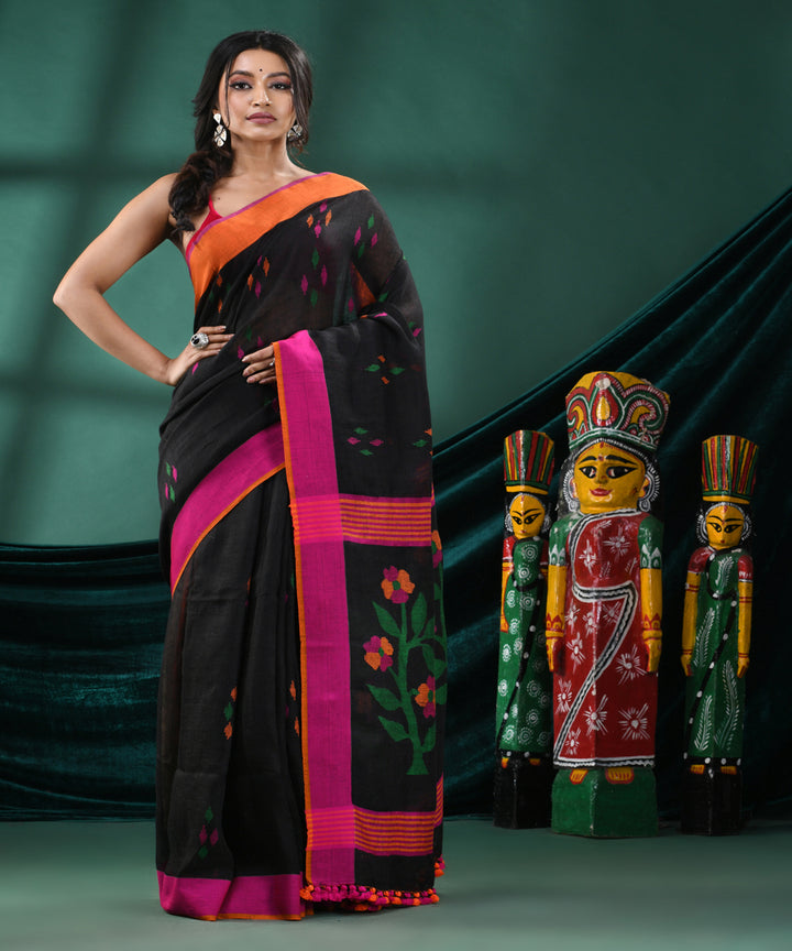 Black magenta handloom cotton bengal saree