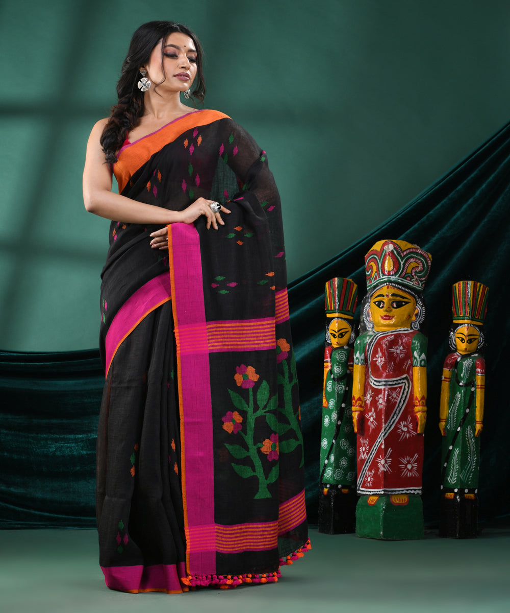 Black magenta handloom cotton bengal saree