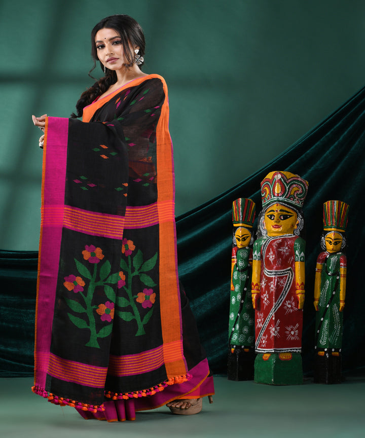 Black magenta handloom cotton bengal saree