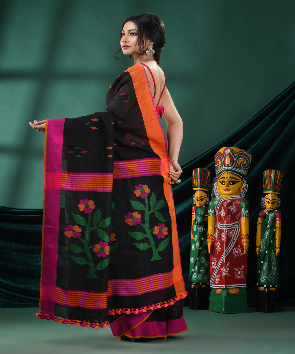 Black magenta handloom cotton bengal saree