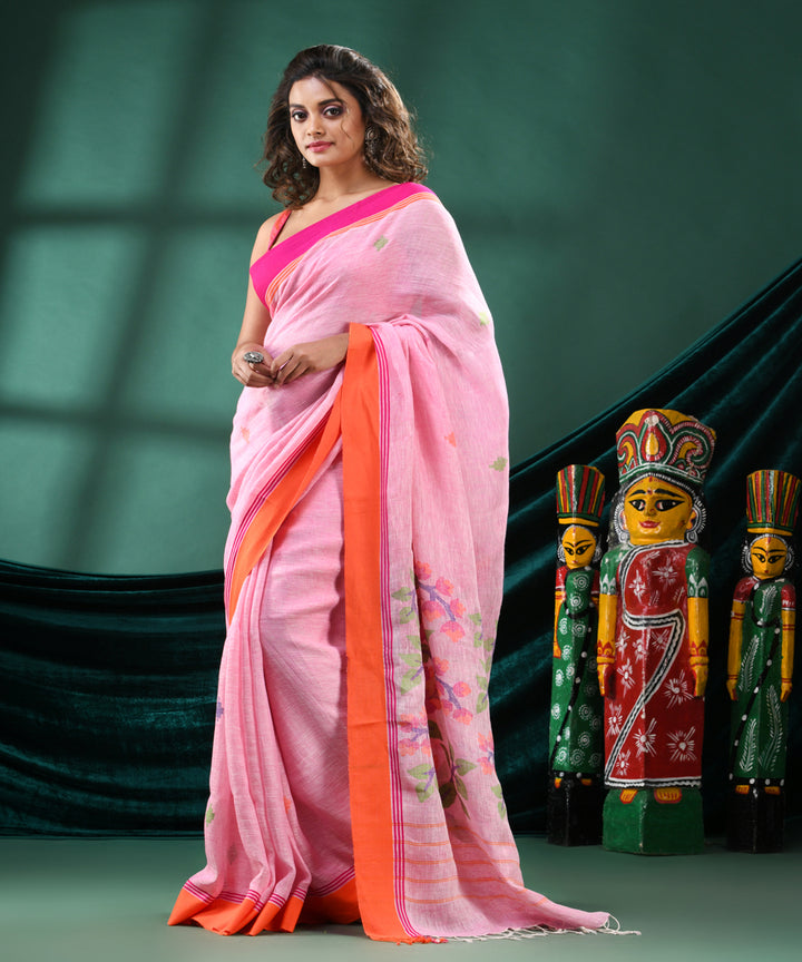 Pink orange handloom linen bengal saree