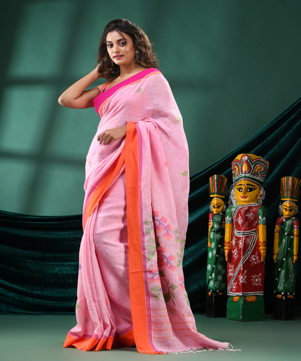 Pink orange handloom linen bengal saree