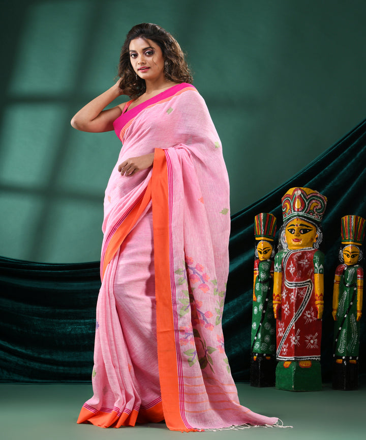 Pink orange handloom linen bengal saree