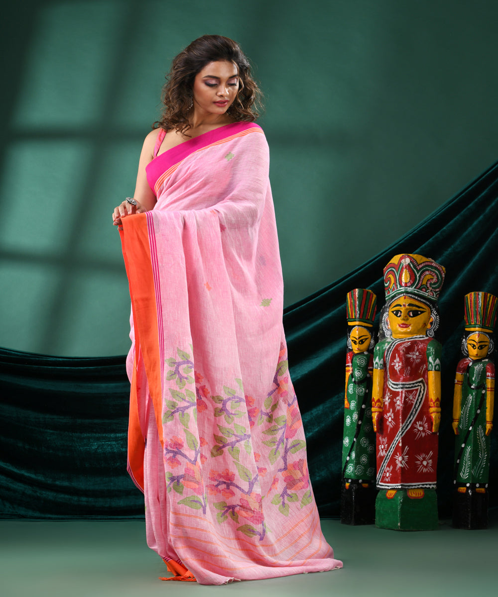 Pink orange handloom linen bengal saree