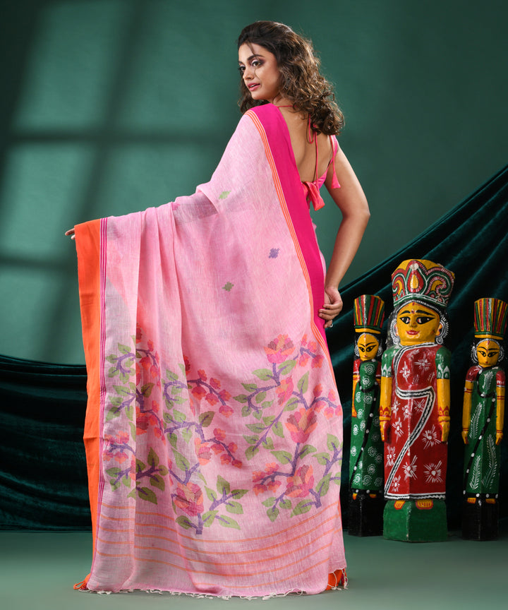 Pink orange handloom linen bengal saree