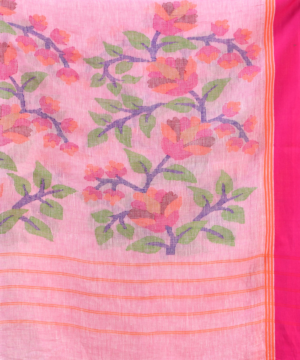 Pink orange handloom linen bengal saree