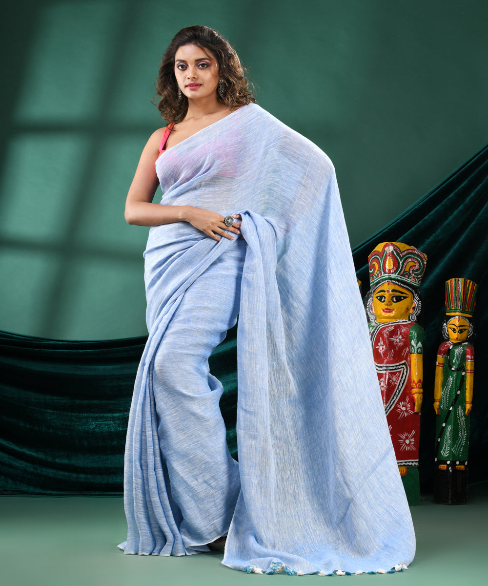 Sky blue handloom linen bengal saree