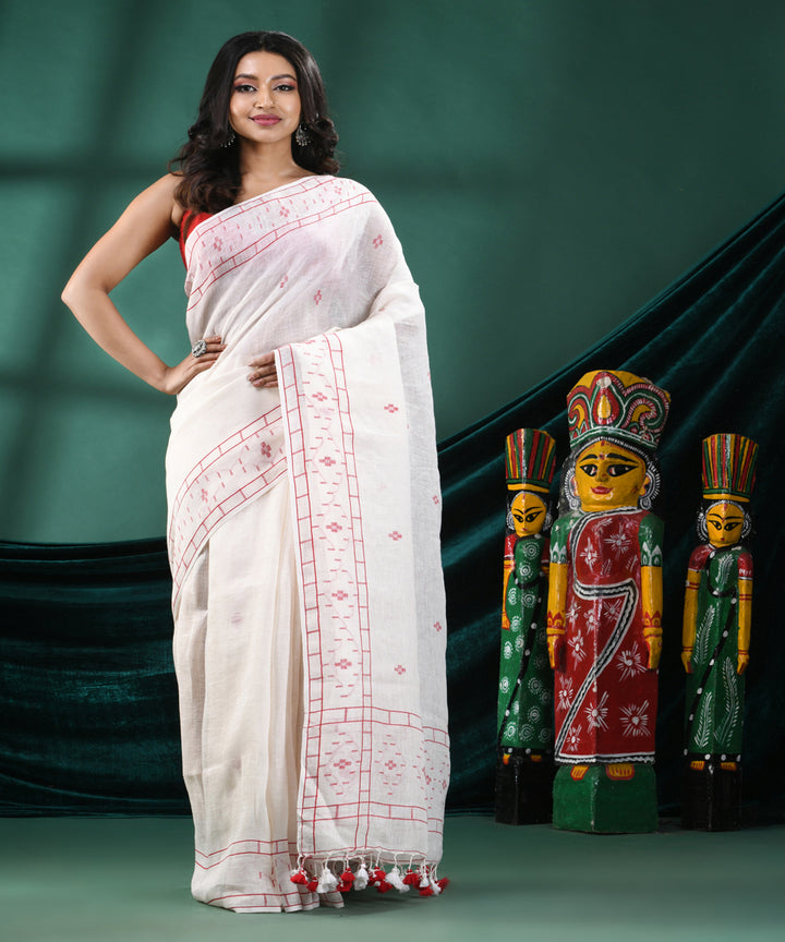 White red handloom linen bengal saree