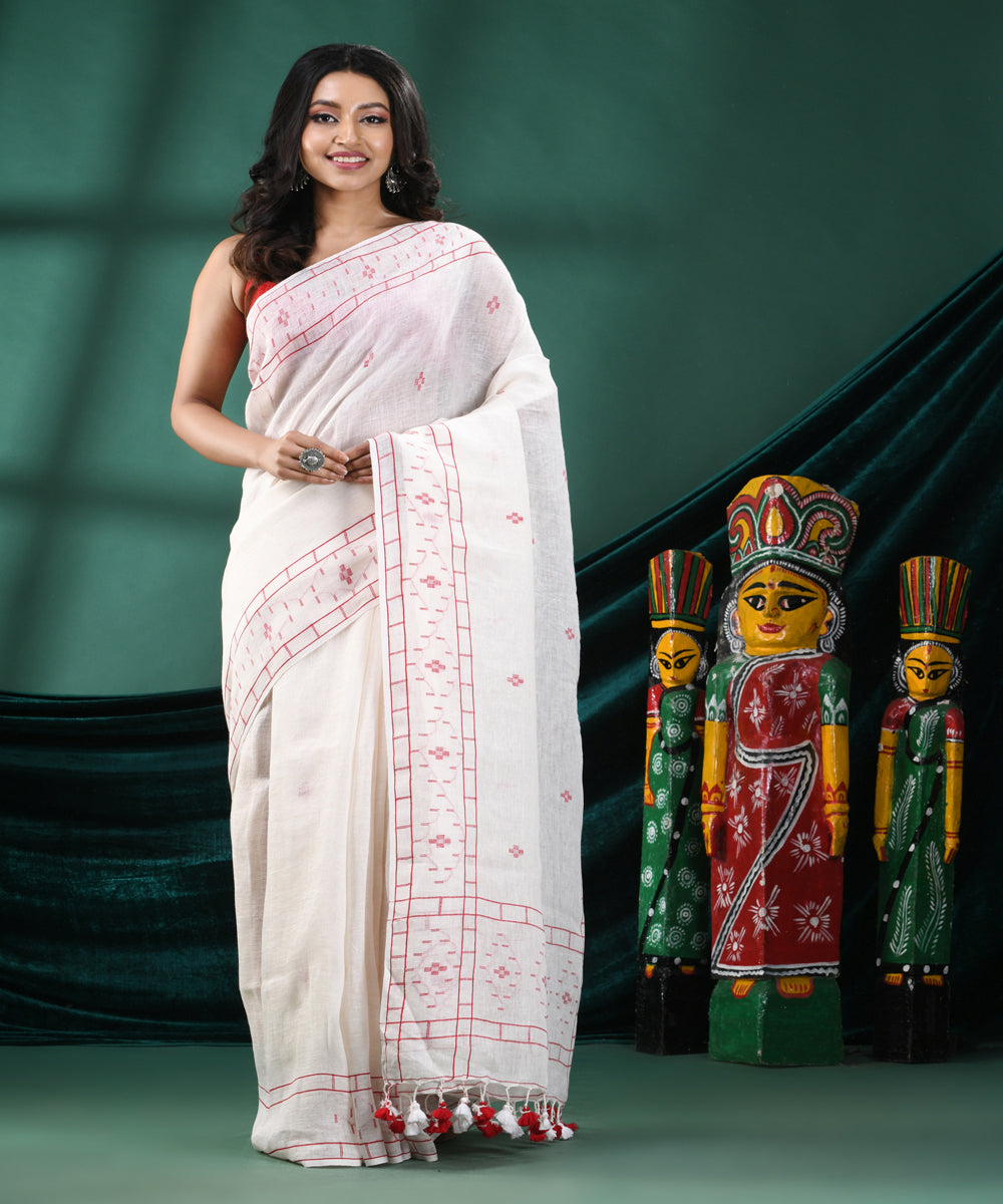 White red handloom linen bengal saree