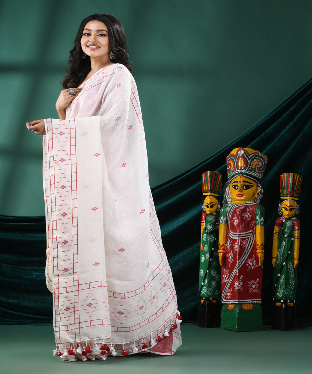 White red handloom linen bengal saree