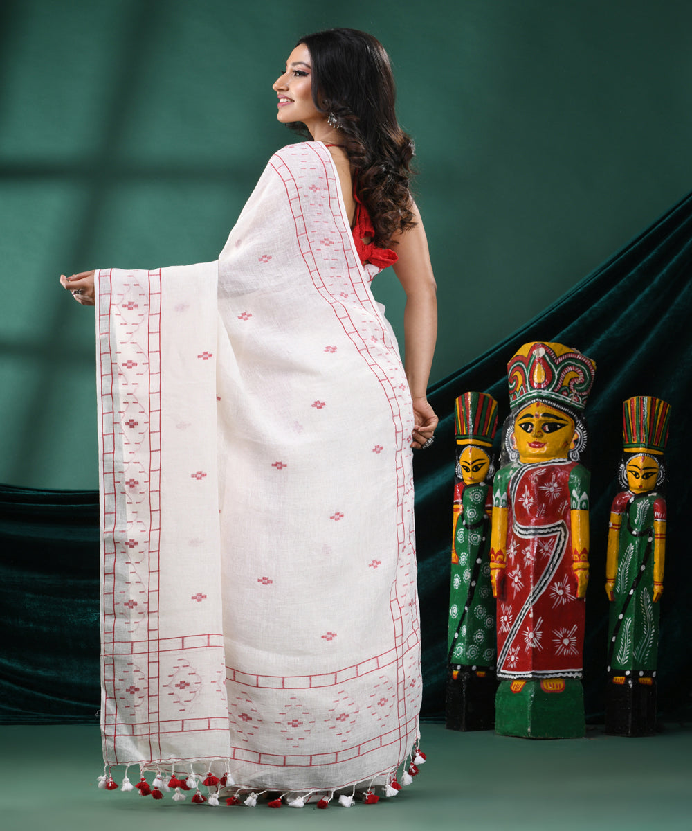 White red handloom linen bengal saree