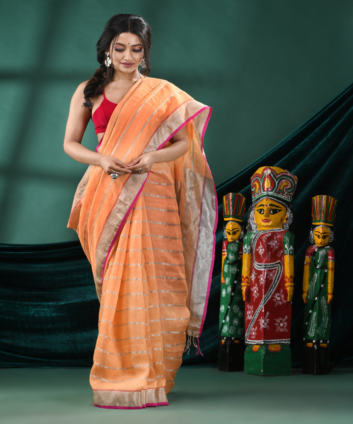 Peach handloom linen bengal saree