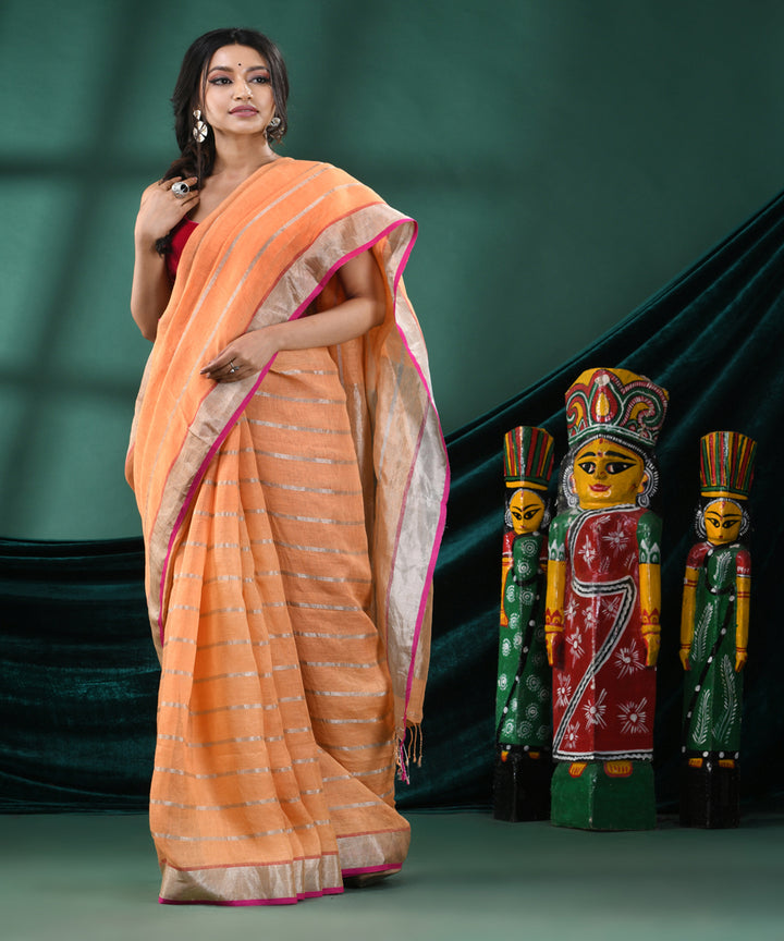 Peach handloom linen bengal saree