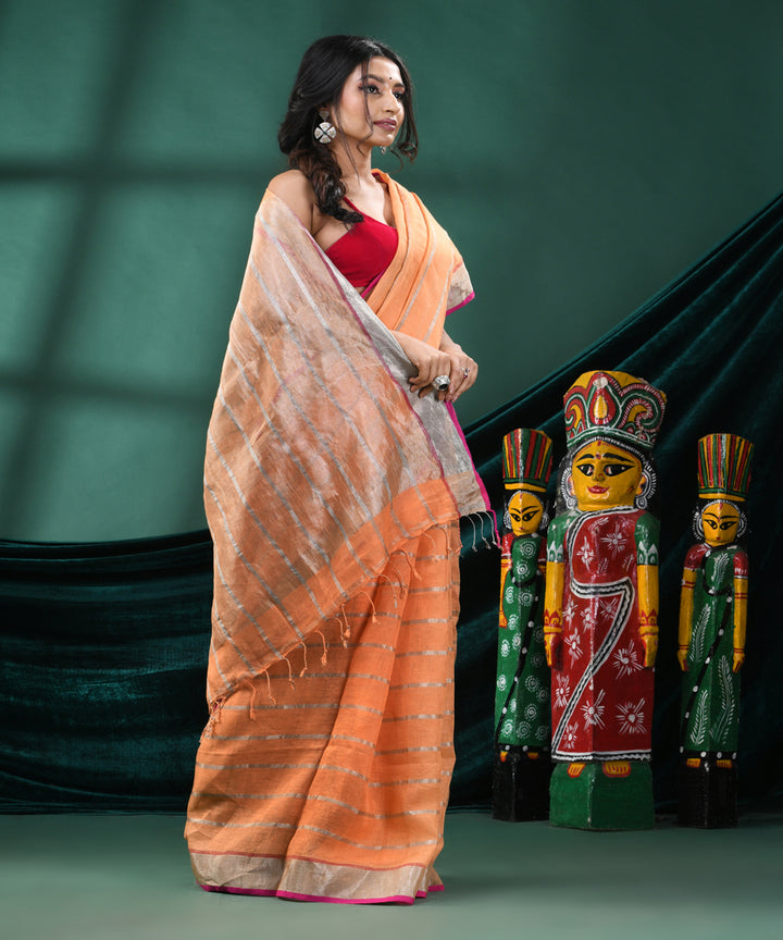 Peach handloom linen bengal saree