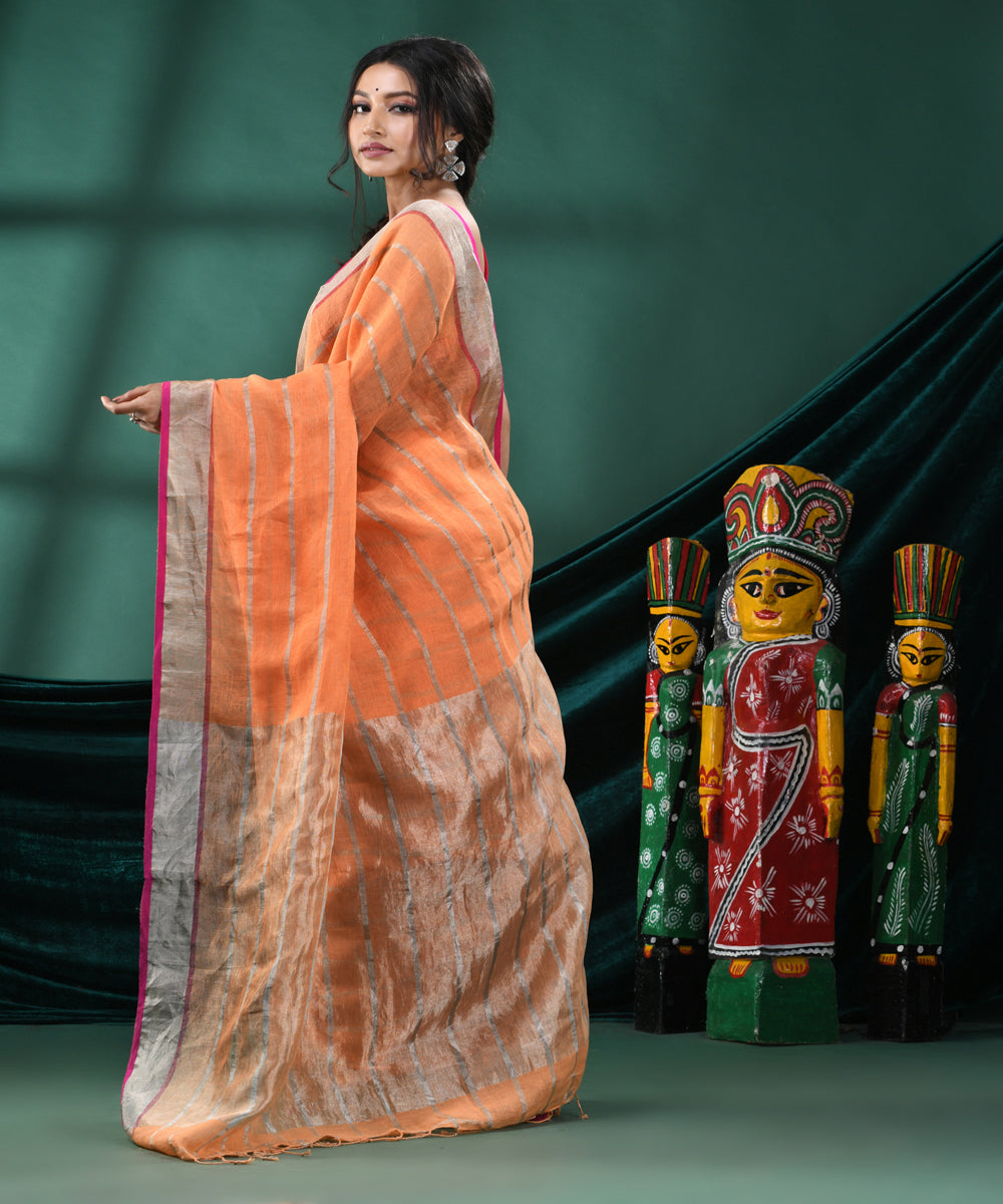 Peach handloom linen bengal saree