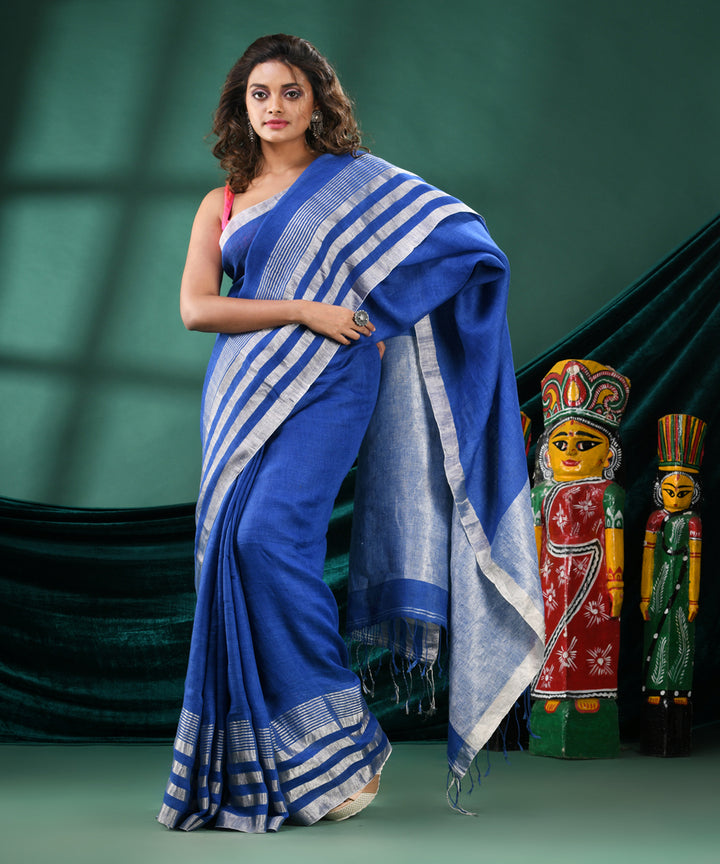 Blue striped handloom linen bengal saree