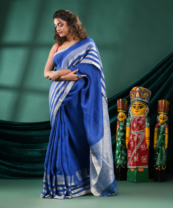 Blue striped handloom linen bengal saree