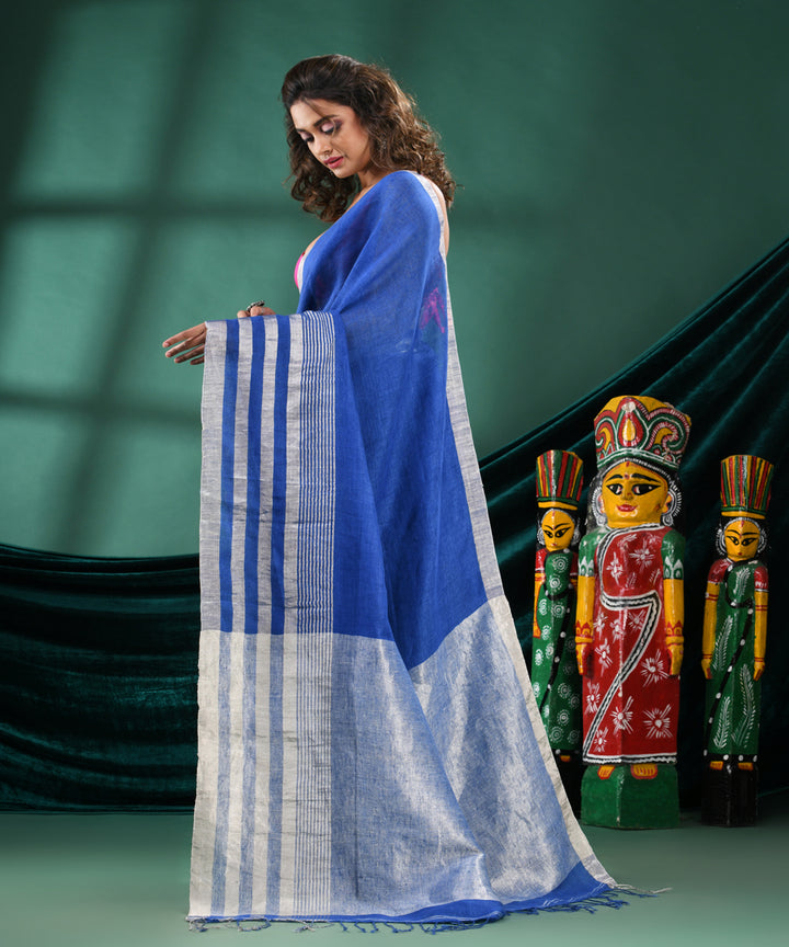 Blue striped handloom linen bengal saree