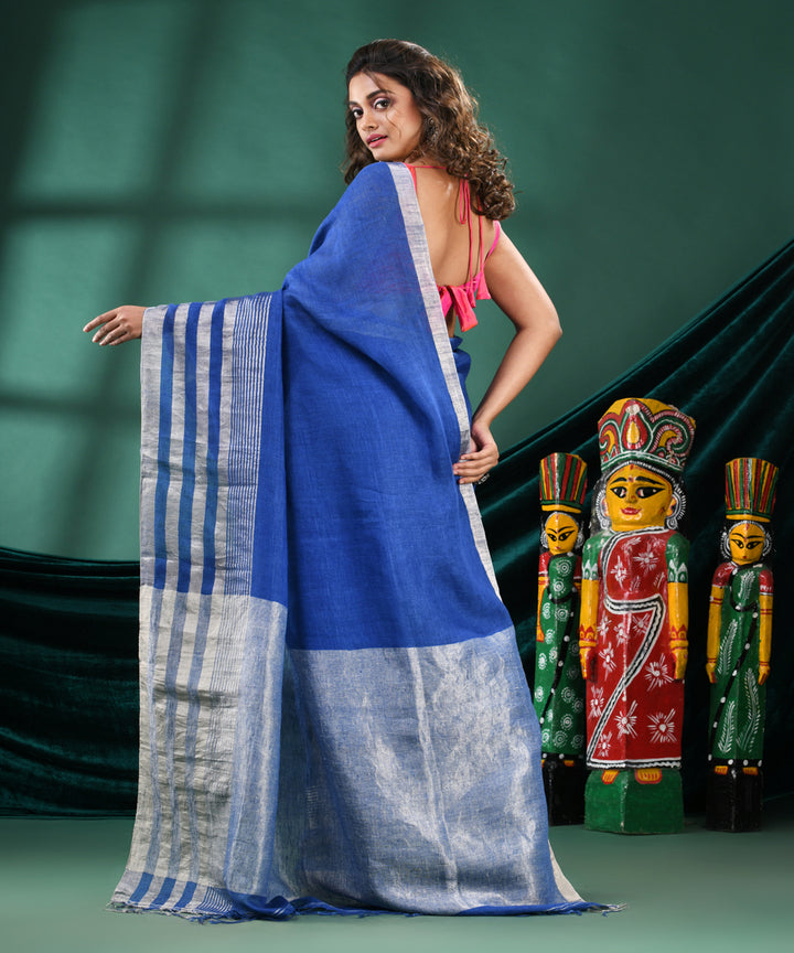 Blue striped handloom linen bengal saree