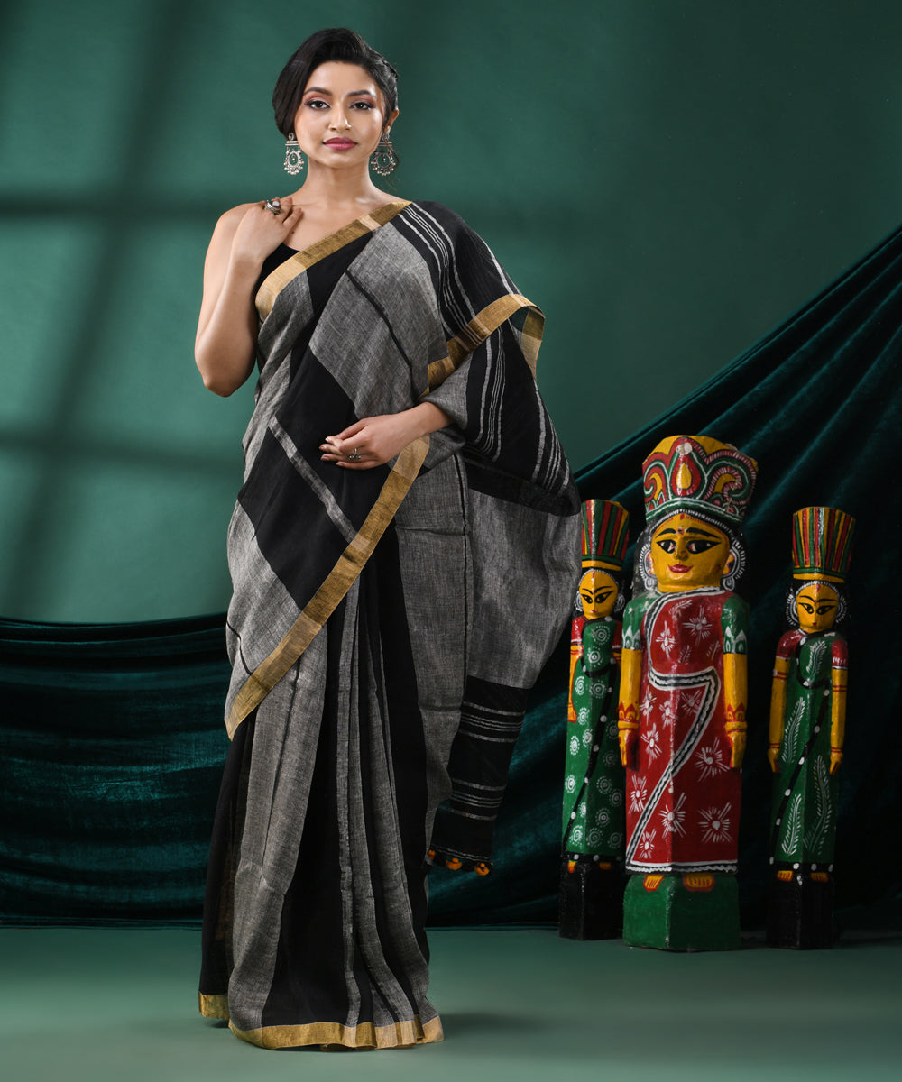 Multicolour striped handloom linen bengal saree