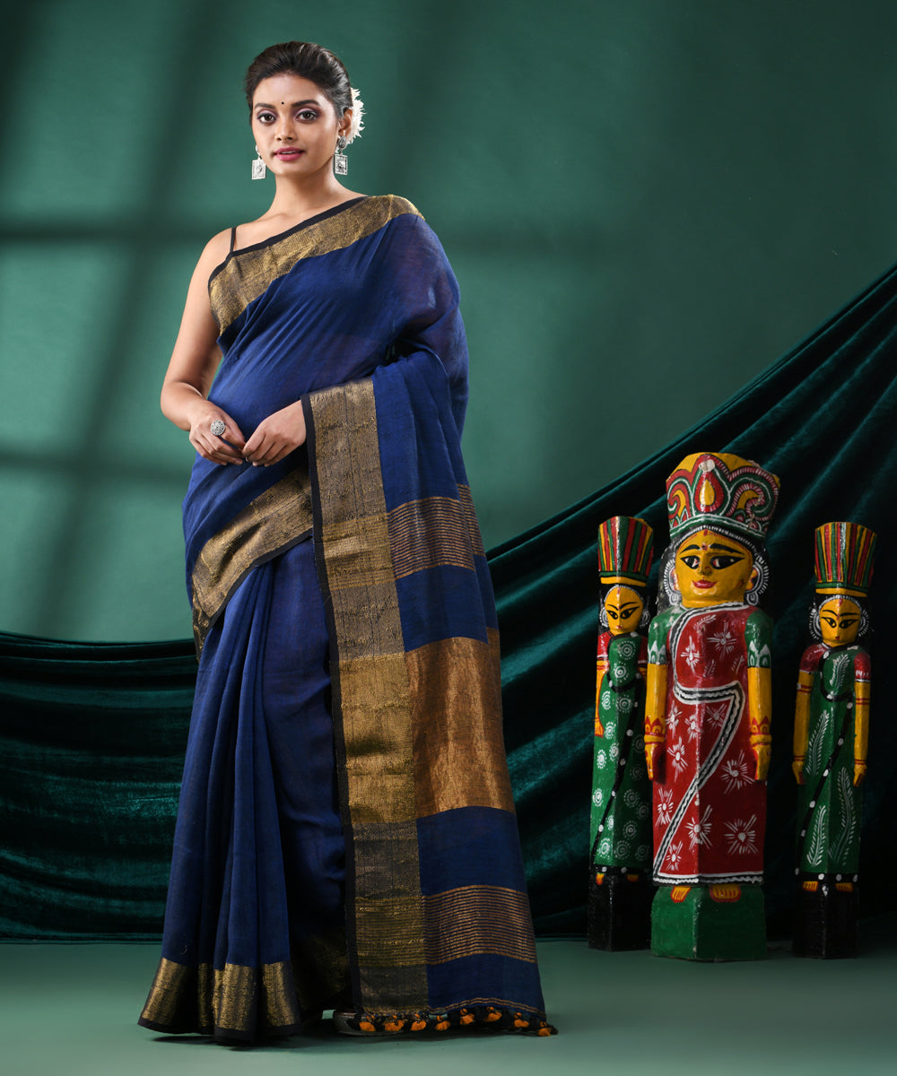 Blue golden handloom linen bengal saree