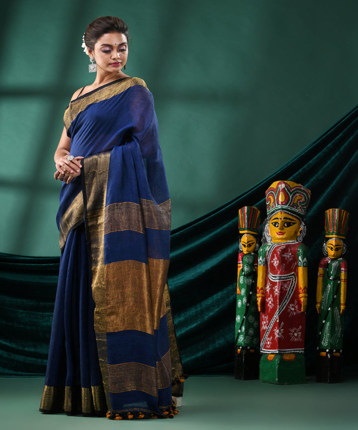 Blue golden handloom linen bengal saree