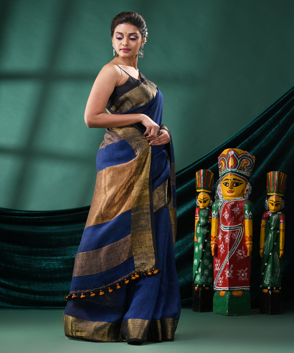 Blue golden handloom linen bengal saree